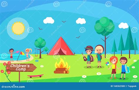 Children Camp Bonfire Nature And Kids Camping Stock Vector