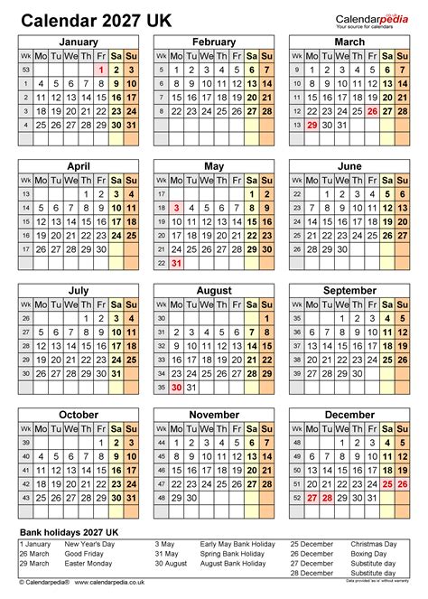 Calendar 2027 Uk Free Printable Pdf Templates