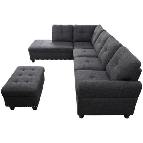 Devion Furniture Polyester Fabric Sectional Sofa With Ottoman Dark Gray