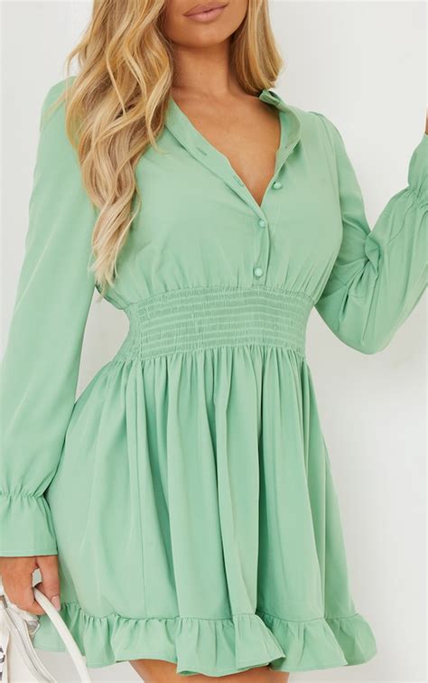 Sage Green Shirred Waist Shirt Dress Prettylittlething Ire