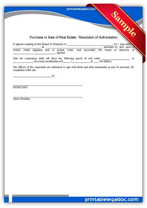 Free Printable Purchase Or Sale Of Real Estate Corp Authorization Form
