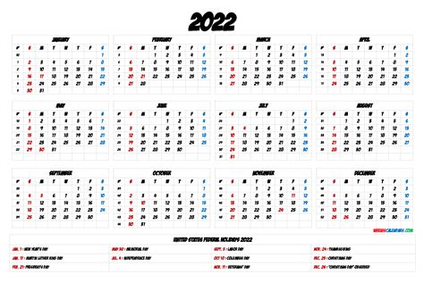 2022 Printable Calendar With Holidays Landscape Pdf Image