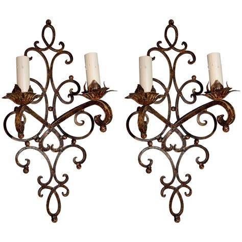 Antique Pair Of Large French 1940 Wrought Iron Outdoor Sconces At 1stdibs