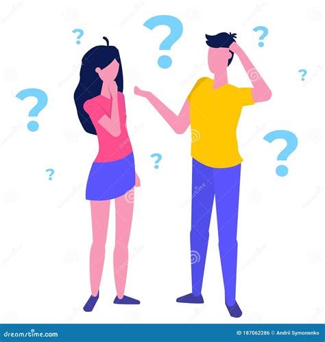 Thinking Couple Woman And Man With Question Marks Thinking Together Vector Illustration