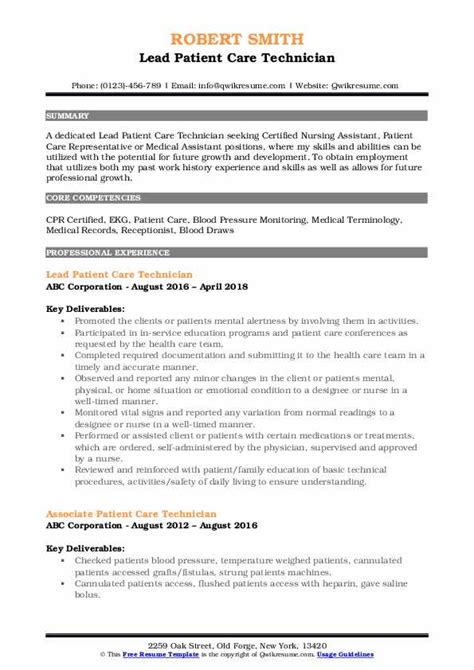 Patient Care Technician Resume Samples Qwikresume