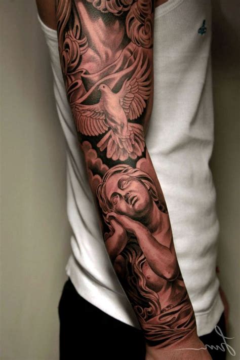 Black And Grey Angel Sleeve Tattoos
