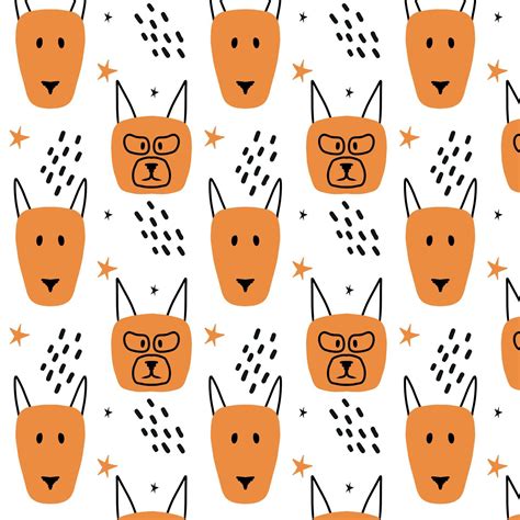 Childrens Hand Drawn Pattern With Dog Faces Pattern With Cute Dogs