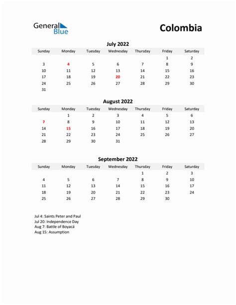 Q3 2022 Quarterly Calendar With Colombia Holidays