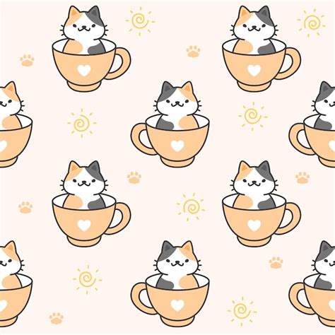 Premium Vector Cute Cat In A Cup Of Coffee Seamless Pattern Background