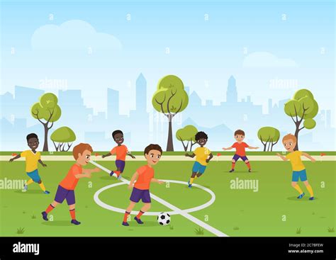 Juego De Fútbol Para Niños Chicos Jugando Fútbol En El Campo De