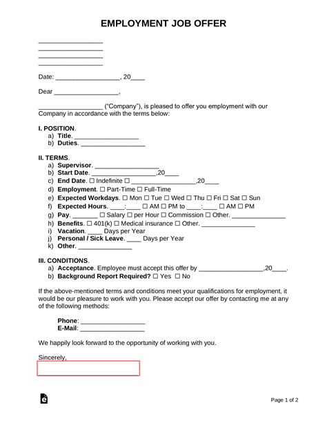 Free Employment Offer Letter Template Sample Word Pdf Eforms