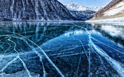 Download Wallpapers Winter Frozen Lake Ice Cracks In Ice Mountains