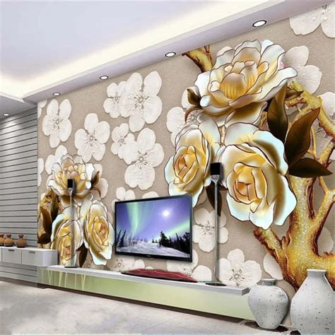 Beibehang Customize Any Size Mural Wallpaper Embossed Flowers Lounge Tv