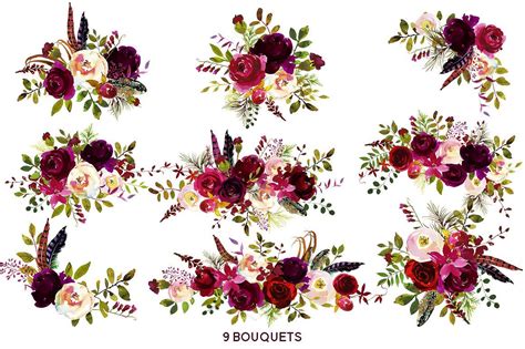 Boho Bordo Watercolor Flowers | Watercolor flowers, Red and white flowers, Burgundy flowers