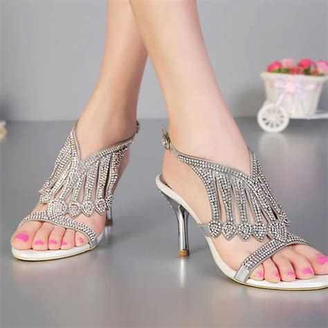 2018 sexy open toe 3 inches summer high heel sandals silver rhinestone wedding dress shoes women