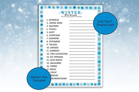 Instant Download Printable Winter Word Scramble Game Party Games