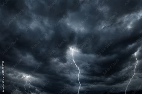 Thunderous Dark Sky With Black Clouds And Flashing Lightning Panoramic