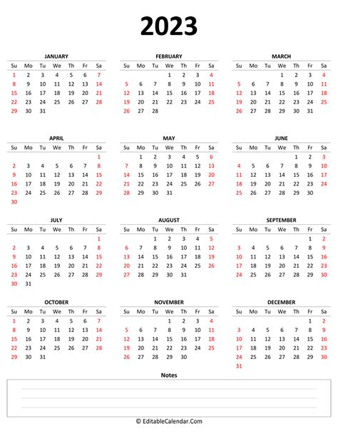 2023 Yearly Calendar Printable With Notes