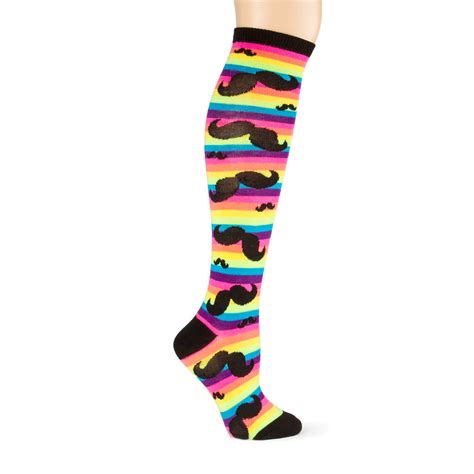 Rainbow Striped Knee Socks With Moustaches Claires Us