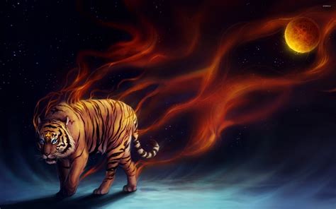 Flaming Tiger Walking Into The Darkness Wallpaper Fantasy Wallpapers