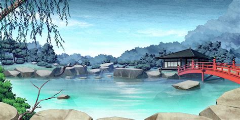 Red Bridge Near Body Of Water Painting Anime Landscape