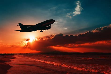 Airplane Flying Over Beach Shore Sunset 5k Hd Planes 4k Wallpapers