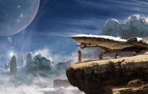 Обои Fantasy Sky Science Fiction Clouds Rocks Spaceship Sci Fi