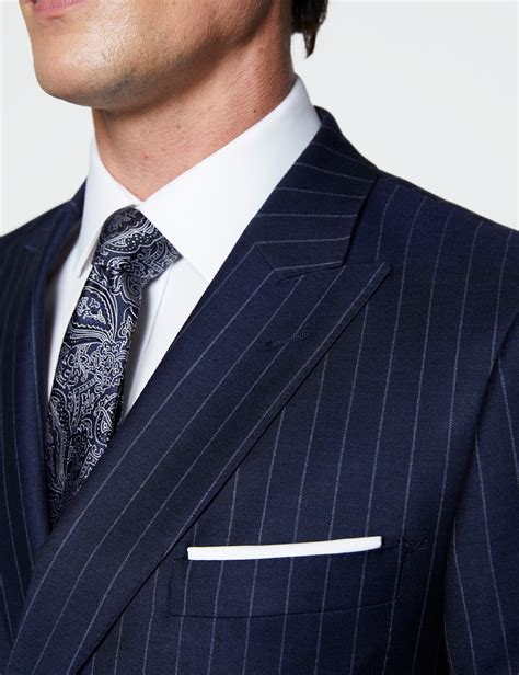 Men S Navy Chalk Stripe Double Breasted Slim Fit Suit Jacket Hawes And Curtis