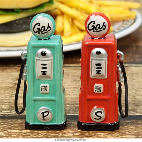 these gas pump salt and pepper shakers are perfect for your retro kitchen made of ceramic each