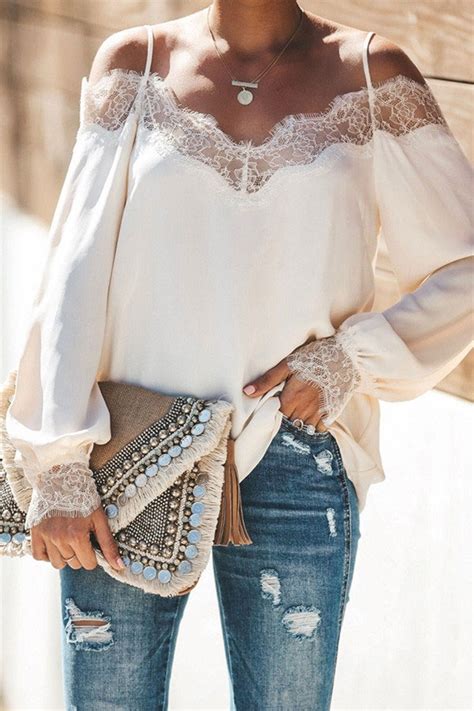 White Lace Panel Off Shoulder Blouse TheCelebrityDresses