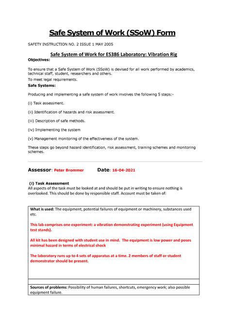 Ssow A008 Vibration Lab 20210416 Draft Safe System Of Work Ssow