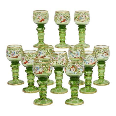 Set Of 10 Moser Enameled Green Glass Roemers Wine Stems Myers Neff Decorated For Sale At 1stdibs