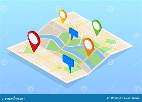 Isometric City Navigation Map With Pins Or Gps Map Cityscape Vector