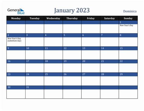 January 2023 Dominica Monthly Calendar With Holidays