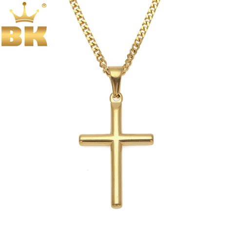 Simple Classic Gold Color Smooth Cross Pendant Necklace Men Stainless