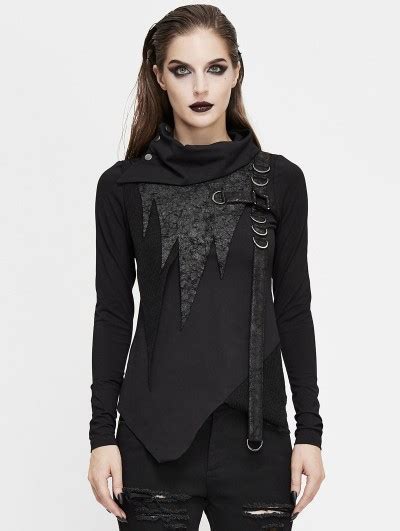 Devil Fashion Black Gothic Punk High Neck Long Sleeve Irregular T Shirt For Women