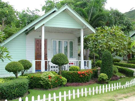 Tiny White Cottage Stock Photo Image Of Colorful Landscaped 3610082