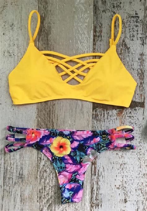 Yellow Lattice Bikini Top And Floral Bottom Swimwear Bikini Sets