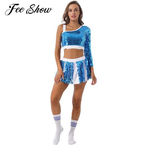 women adults cheerleading outfits schoolgirls cosplay costume shiny sequins crop top mini skirts