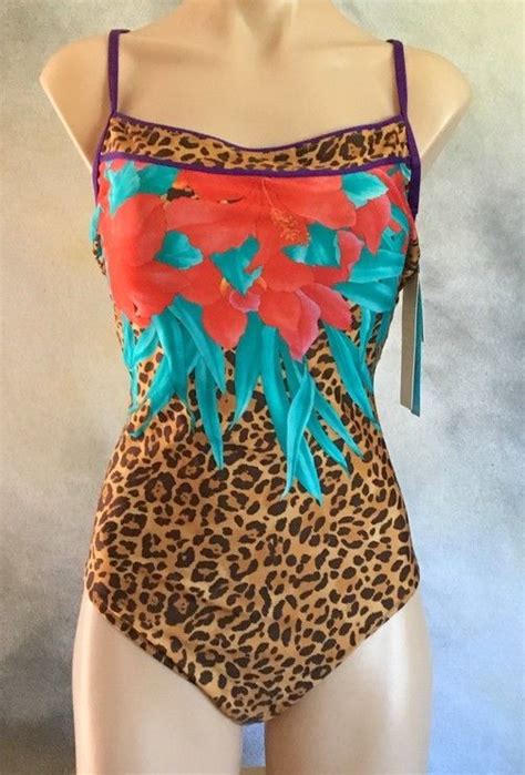 Gottex Tiger Lily Floral Leopard Print Cross Back One Piece Swimsuit Sz