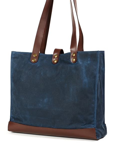 Navy Blue And Cognac Waxed Canvas Tote Bag Innesbags
