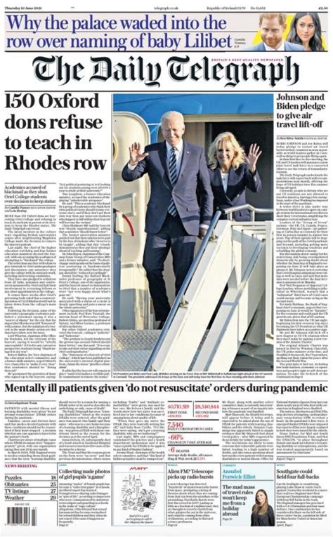 Daily Telegraph Front Page 10th Of June 2021 Tomorrow S Papers Today