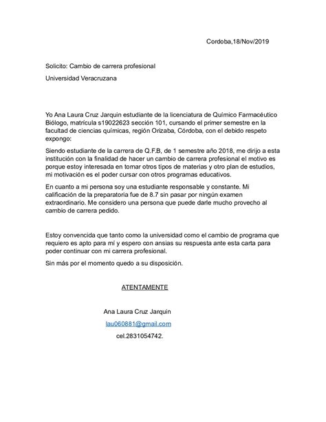 Ejemplo De Carta De Solicitud De Cambio De Carrera Compartir Ejemplos