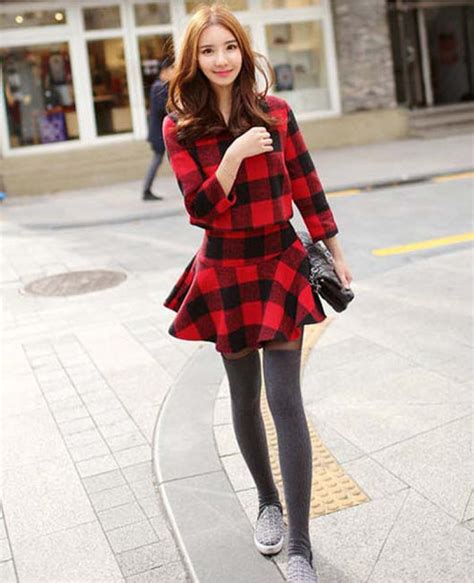Korean Winter Fashion Womens Grid Style Top Skirt 2 Pieces
