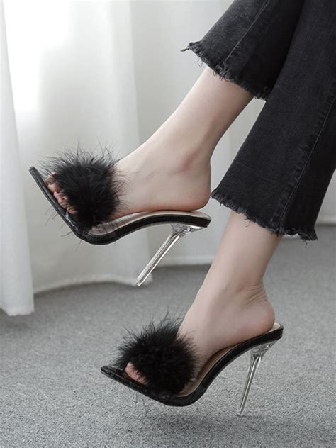 Womens Clear Mules Stiletto Heel Black Heels With Fur