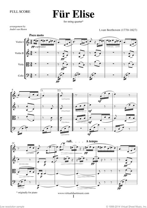 Once you have mastered the notes of the intermediate version you will be ready to progress to the full fur elise piano sheet music. Beethoven - Fur Elise sheet music for string quartet PDF