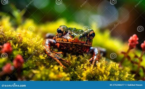A Captivating Close Up Of A Tiny Frog Nestled Within Lush Stock Image