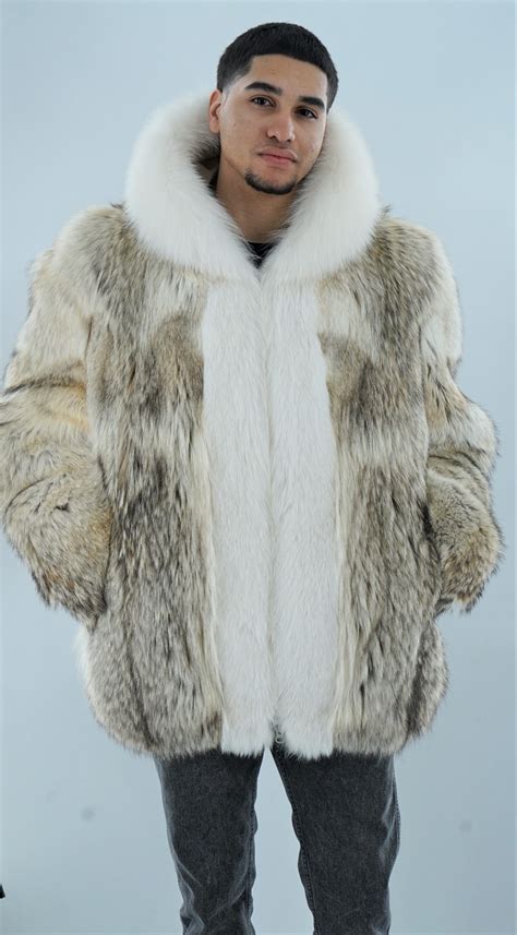 Men S Coyote Fur Jacket White Fox Trim Hood Furs Marc Kaufman Furs