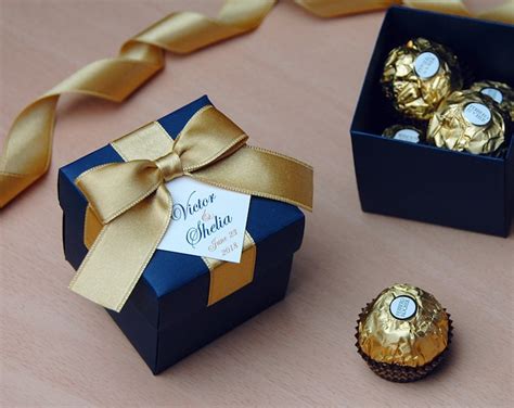 Gold And Navy Blue Wedding Bonbonniere Wedding Favor Box With Satin