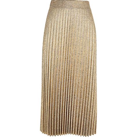 Gold Metallic Pleated Midi Skirt Midi Skirts Skirts Women